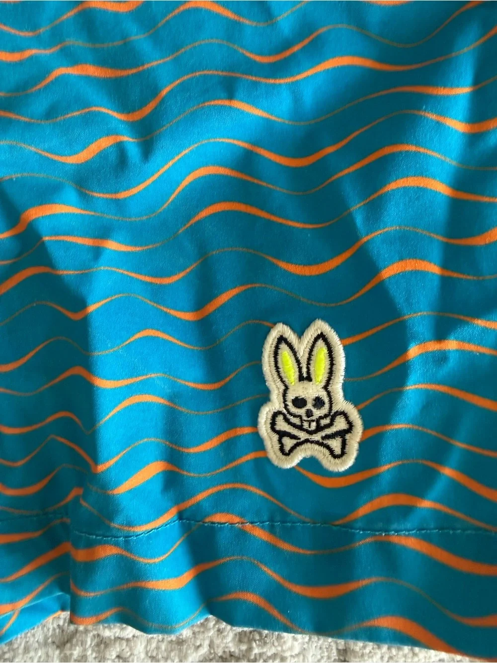 Psycho Bunny Teal Wave-Print Swim Trunks with Orange Accents